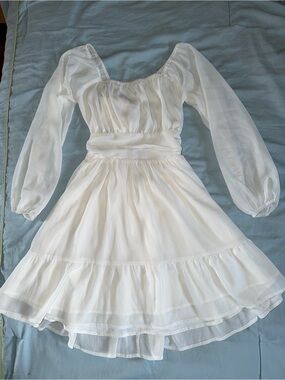 White Sheer Long-Sleeve Ruffled Mini Dress